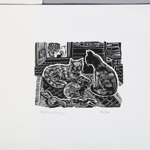 870 - John O'Connor (British 20thC), four wood engravings (c.1970),  butterflies, cats, church, temple, al... 