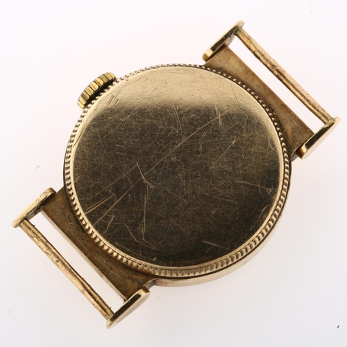 1019 - A mid-20th century 9ct gold wristwatch head, silvered dial with hand painted Arabic numerals, blued ... 