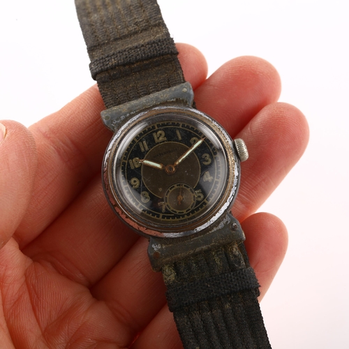 1021 - A Second World War Period nickel plated military mechanical wristwatch, black dial with Arabic numer... 