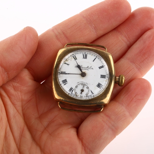 1022 - An early 20th century 9ct gold Officer's trench style cushion cased mechanical wristwatch head, by T... 