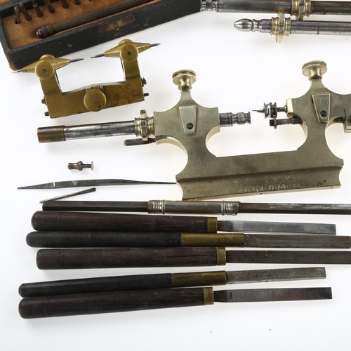 1043 - Various Antique watchmaker's tools, including cased lathe