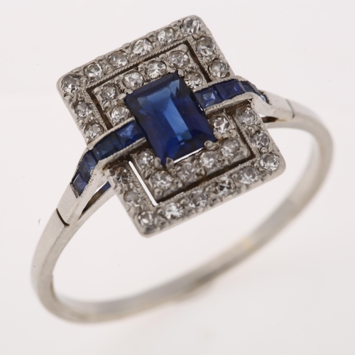 1101 - An Art Deco sapphire and diamond cocktail panel ring, unmarked white metal settings with rectangular... 