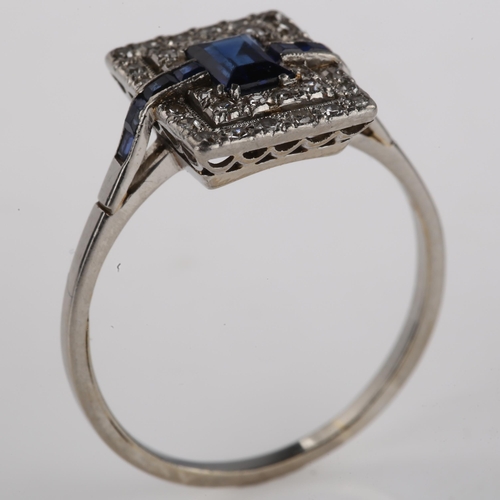 1101 - An Art Deco sapphire and diamond cocktail panel ring, unmarked white metal settings with rectangular... 