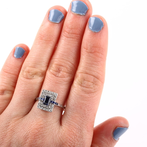 1101 - An Art Deco sapphire and diamond cocktail panel ring, unmarked white metal settings with rectangular... 