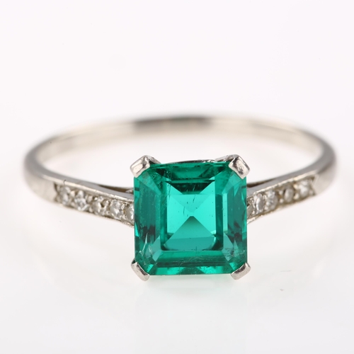 1102 - A solitaire emerald ring, set with 1.6ct square emerald step-cut emerald and single-cut diamond shou... 