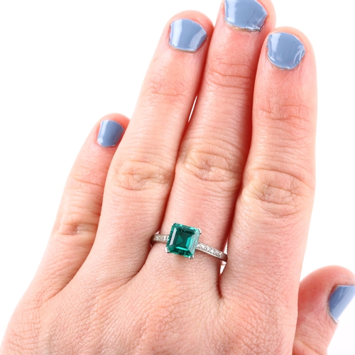 1102 - A solitaire emerald ring, set with 1.6ct square emerald step-cut emerald and single-cut diamond shou... 