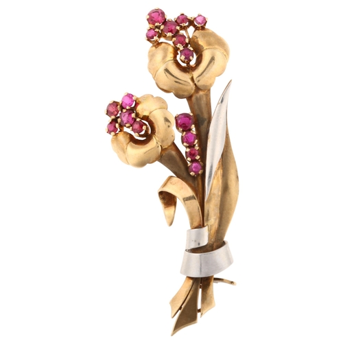 1104 - A late Art Deco French ruby floral spray brooch, circa 1940, unmarked yellow and white gold settings... 