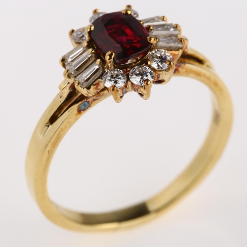 1111 - A modern 18ct gold ruby and diamond cluster ring, set with oval mixed-cut ruby and tapered baguette ... 