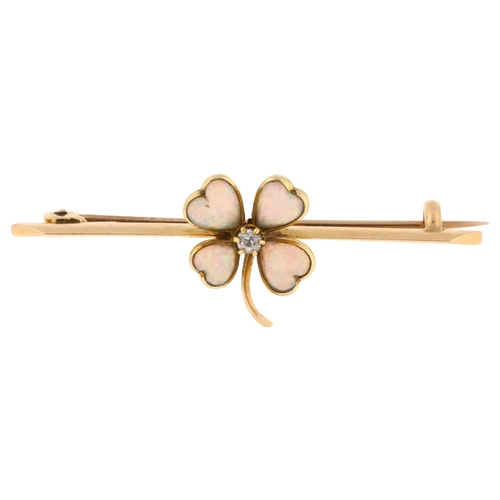 1117 - An Edwardian 15ct gold opal and diamond 4-leaf clover bar brooch, set with heart cabochon opal and o... 