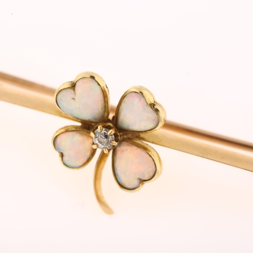 1117 - An Edwardian 15ct gold opal and diamond 4-leaf clover bar brooch, set with heart cabochon opal and o... 