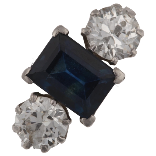 1119 - A platinum three stone sapphire and diamond ring, set with 2ct rectangular step-cut sapphire and mod... 