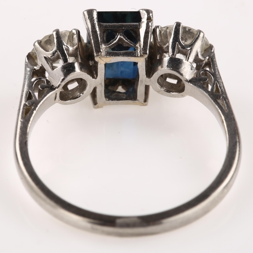 1119 - A platinum three stone sapphire and diamond ring, set with 2ct rectangular step-cut sapphire and mod... 