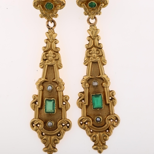 1120 - A pair of 19th century French gold green paste and split pearl drop earrings, with repousse decorati... 