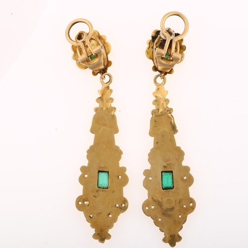 1120 - A pair of 19th century French gold green paste and split pearl drop earrings, with repousse decorati... 