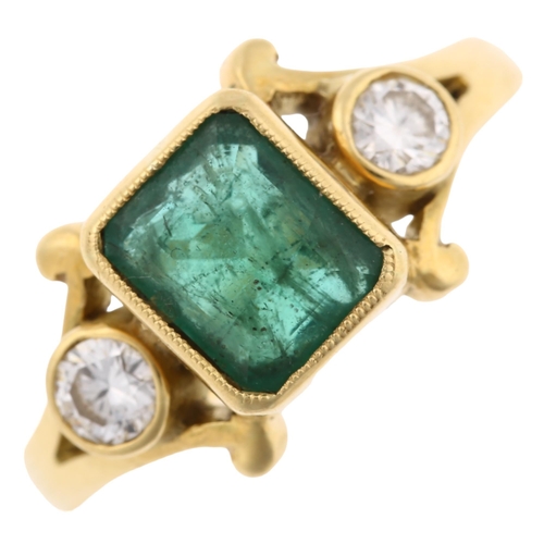 1125 - An 18ct gold emerald and diamond dress ring, set with emerald-cut emerald and modern round brilliant... 