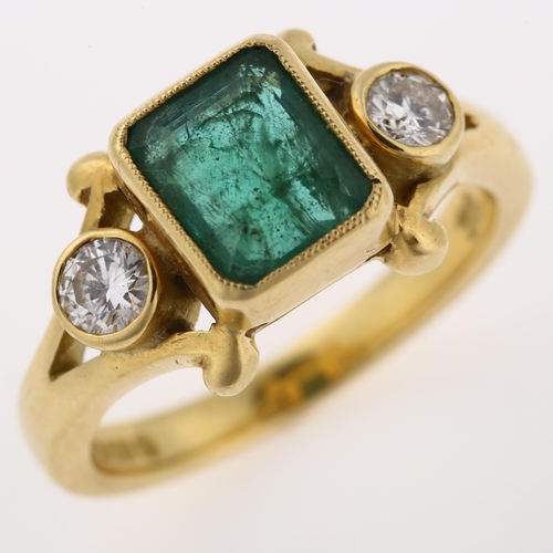 1125 - An 18ct gold emerald and diamond dress ring, set with emerald-cut emerald and modern round brilliant... 