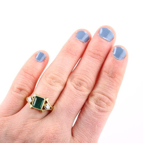 1125 - An 18ct gold emerald and diamond dress ring, set with emerald-cut emerald and modern round brilliant... 