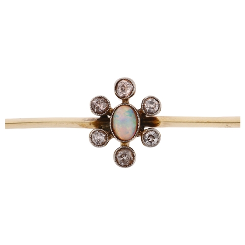 1126 - An Edwardian opal and diamond cluster bar brooch, unmarked gold settings with oval cabochon opal and... 