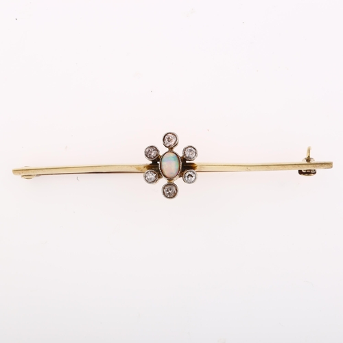 1126 - An Edwardian opal and diamond cluster bar brooch, unmarked gold settings with oval cabochon opal and... 