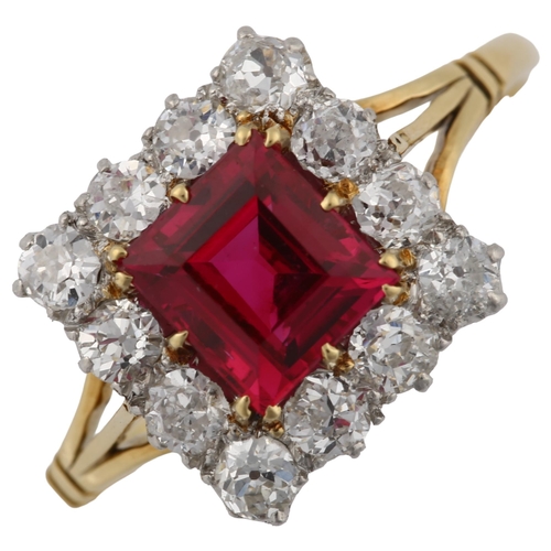 1127 - A synthetic ruby and diamond square cluster ring, unmarked gold settings with square step-cut ruby a... 