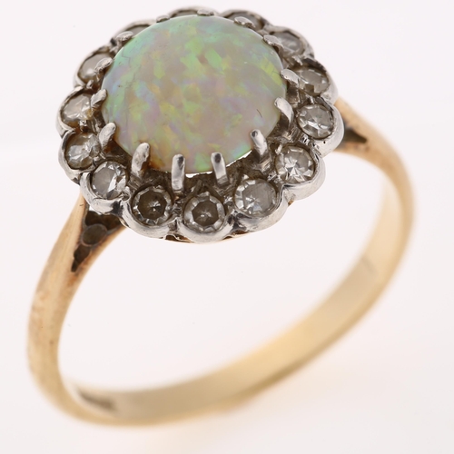 1128 - A late 20th century 18ct gold synthetic opal and diamond cluster flowerhead ring, set with round cab... 