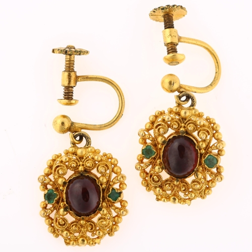 1131 - A pair of Victorian garnet and emerald drop earrings, with cannetille wirework decoration, oval cabo... 