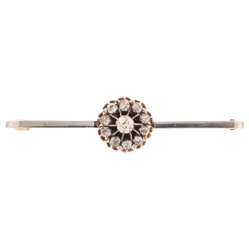 1134 - A Victorian diamond target cluster bar brooch, unmarked gold and silver settings with old-cut diamon... 