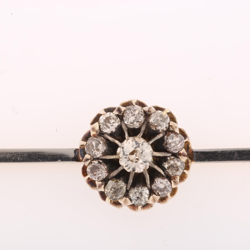 1134 - A Victorian diamond target cluster bar brooch, unmarked gold and silver settings with old-cut diamon... 