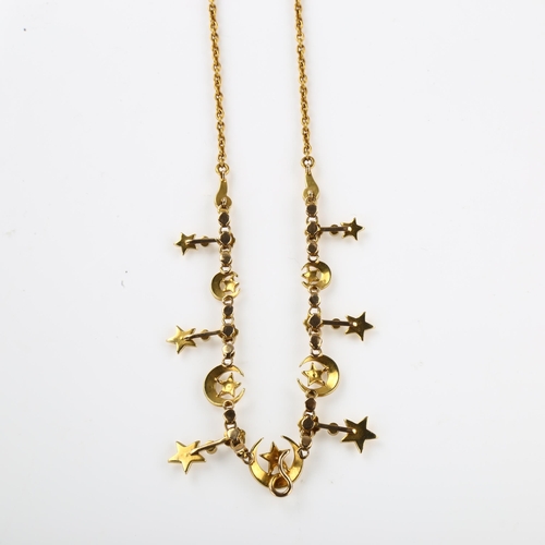 1136 - A Victorian split pearl crescent moon and star graduated fringe necklace, unmarked gold settings wit... 