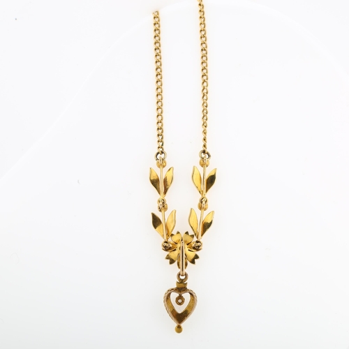 1137 - A Victorian split pearl and diamond drop pendant necklace, with flowerhead and openwork heart motif,... 