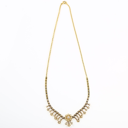 1138 - A Victorian split pearl graduated fringe necklace, with flowerhead and tulip motif, unmarked gold se... 