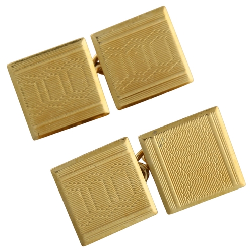 1141 - A pair of Art Deco 18ct gold cufflinks, square panels with engine turned geometric decoration, maker... 