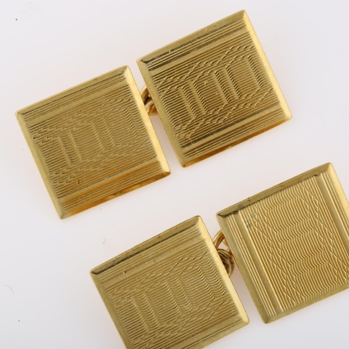 1141 - A pair of Art Deco 18ct gold cufflinks, square panels with engine turned geometric decoration, maker... 