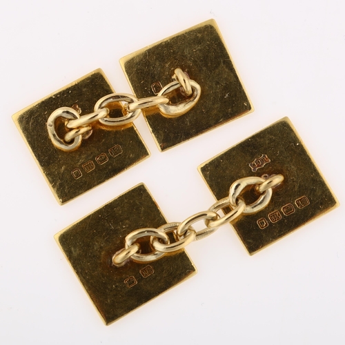 1141 - A pair of Art Deco 18ct gold cufflinks, square panels with engine turned geometric decoration, maker... 