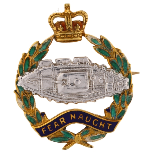 1146 - A British 9ct gold and enamel Royal Tank Regiment (RTR) badge brooch, with motto 