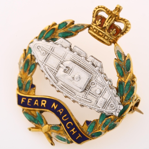 1146 - A British 9ct gold and enamel Royal Tank Regiment (RTR) badge brooch, with motto 