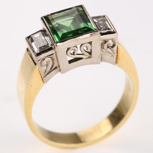 1147 - An 18ct gold three stone tsavorite garnet and diamond ring, set with rectangular step-cut green garn... 