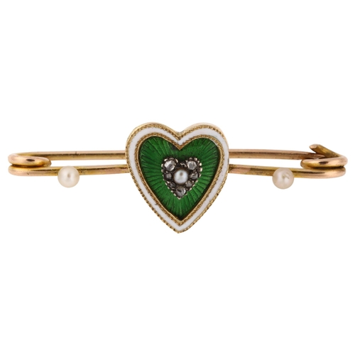 1149 - An Edwardian pearl green enamel and diamond sweetheart bar brooch, unmarked gold closed-back setting... 