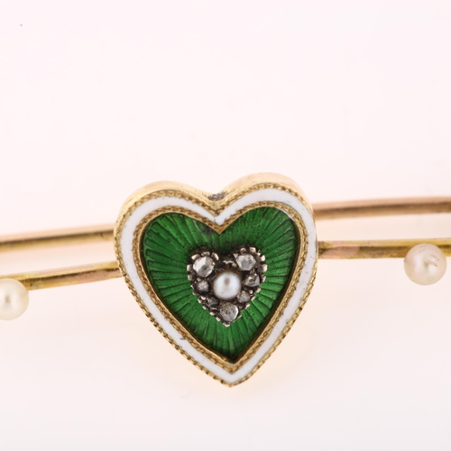 1149 - An Edwardian pearl green enamel and diamond sweetheart bar brooch, unmarked gold closed-back setting... 