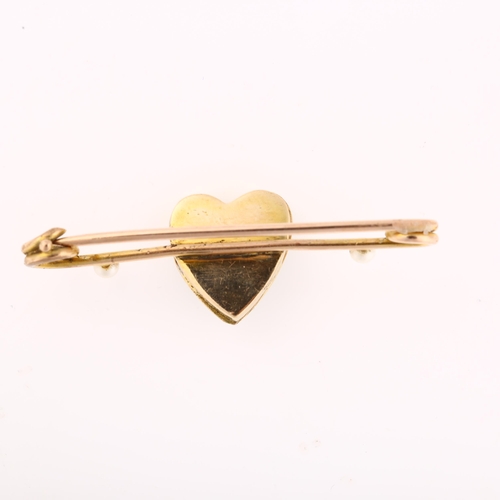 1149 - An Edwardian pearl green enamel and diamond sweetheart bar brooch, unmarked gold closed-back setting... 