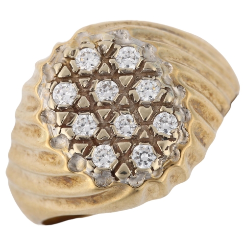 1281 - A large 9ct gold cubic zirconia signet ring, with fluted shoulders, setting height 15.9mm, size S, 6... 