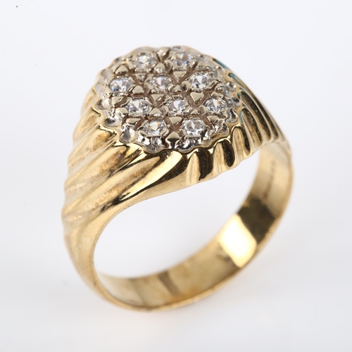 1281 - A large 9ct gold cubic zirconia signet ring, with fluted shoulders, setting height 15.9mm, size S, 6... 