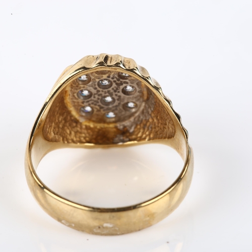 1281 - A large 9ct gold cubic zirconia signet ring, with fluted shoulders, setting height 15.9mm, size S, 6... 