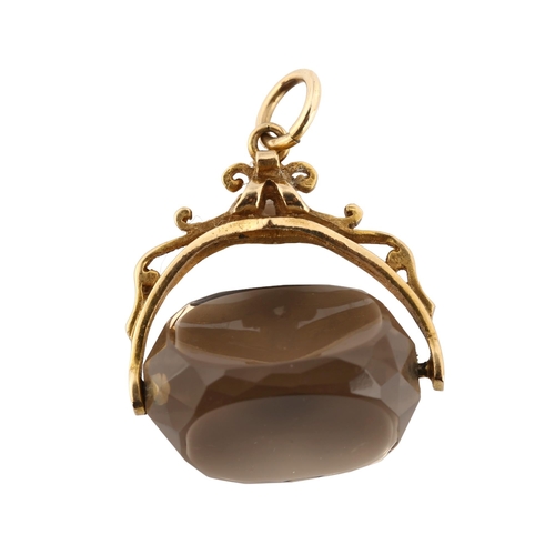 1283 - A mid-20th century 9ct gold smoky quartz swivel fob, hallmarks London 1969, width 21.6mm, 6.1g