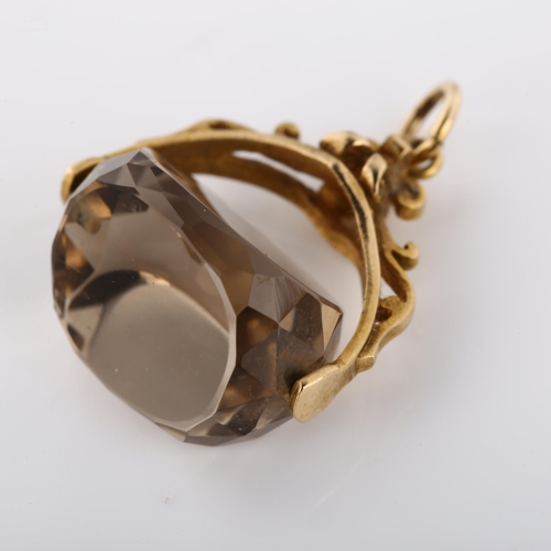 1283 - A mid-20th century 9ct gold smoky quartz swivel fob, hallmarks London 1969, width 21.6mm, 6.1g