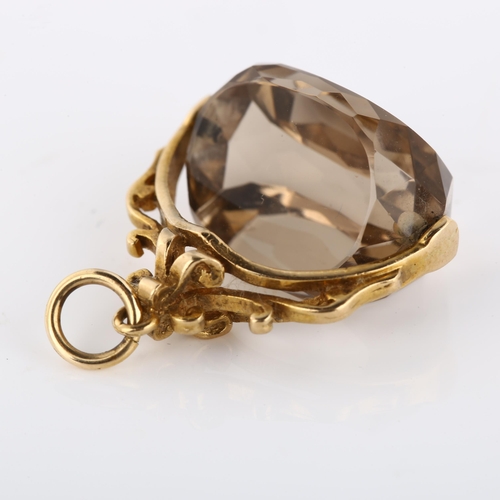 1283 - A mid-20th century 9ct gold smoky quartz swivel fob, hallmarks London 1969, width 21.6mm, 6.1g