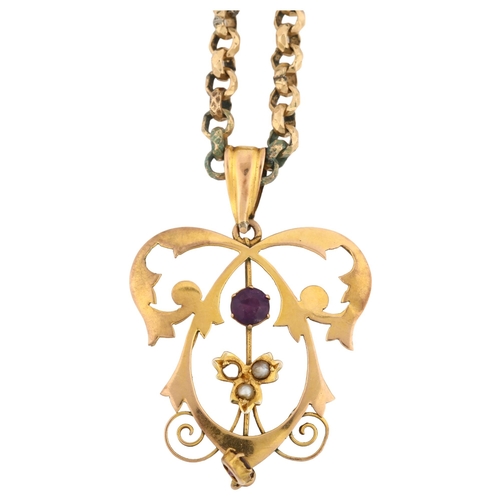 1285 - An Edwardian Art Nouveau 9ct gold amethyst and pearl openwork pendant necklace, on gold plated facet... 