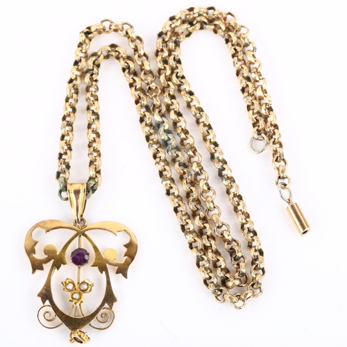 1285 - An Edwardian Art Nouveau 9ct gold amethyst and pearl openwork pendant necklace, on gold plated facet... 