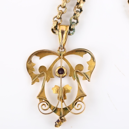 1285 - An Edwardian Art Nouveau 9ct gold amethyst and pearl openwork pendant necklace, on gold plated facet... 