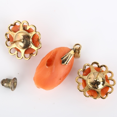 1335 - A matched coral demi-parure, comprising 14ct gold pendant and pair of 9ct earrings, pendant height 2... 